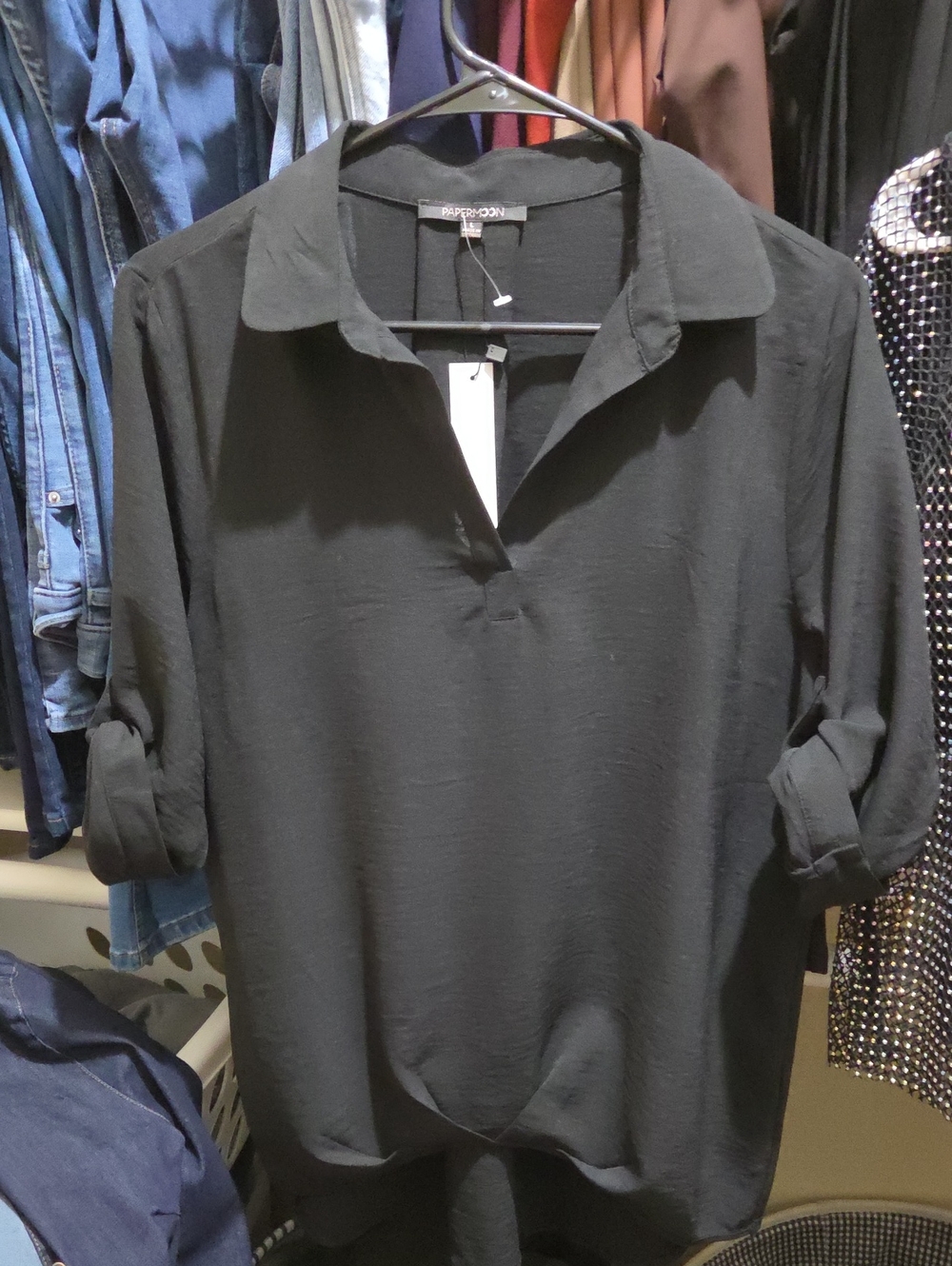 Papermoon Black Collared Roll-Tab Tunic Blouse